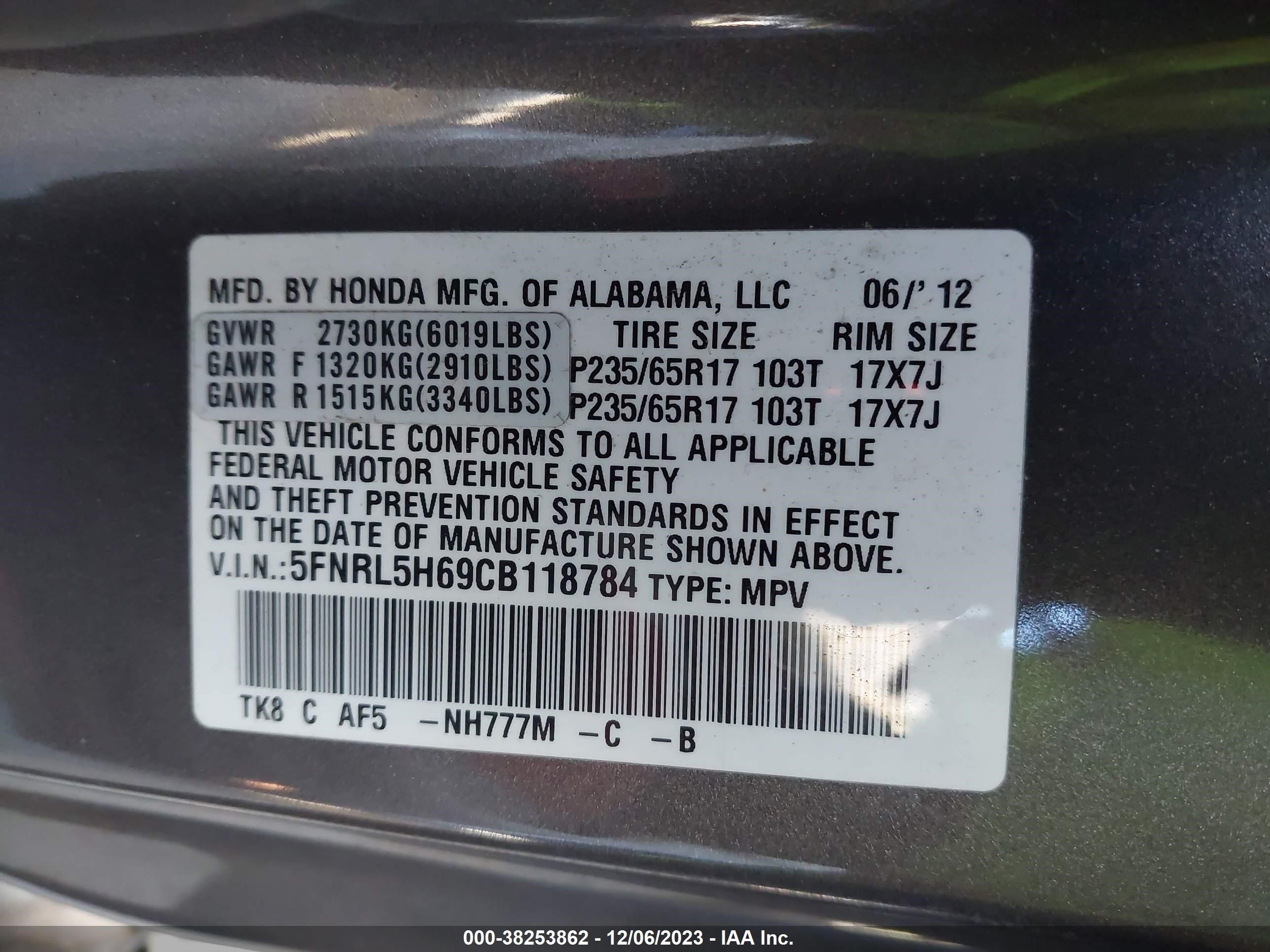 Photo 8 VIN: 5FNRL5H69CB118784 - HONDA ODYSSEY 