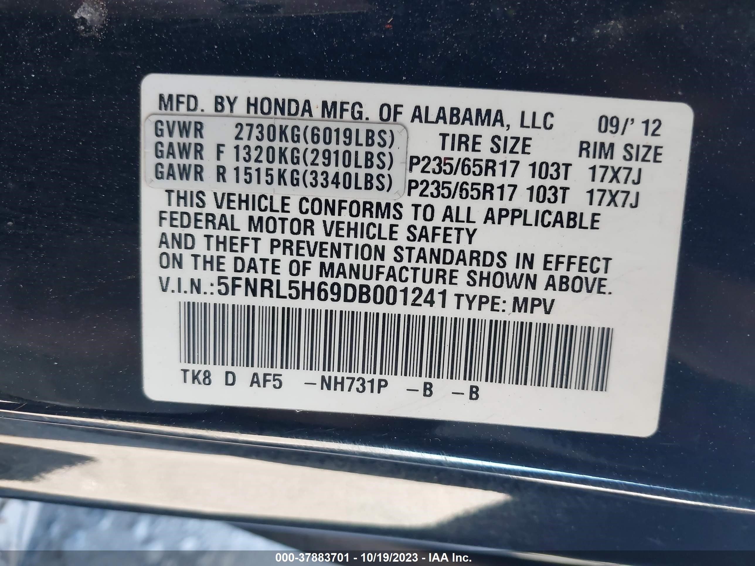 Photo 8 VIN: 5FNRL5H69DB001241 - HONDA ODYSSEY 