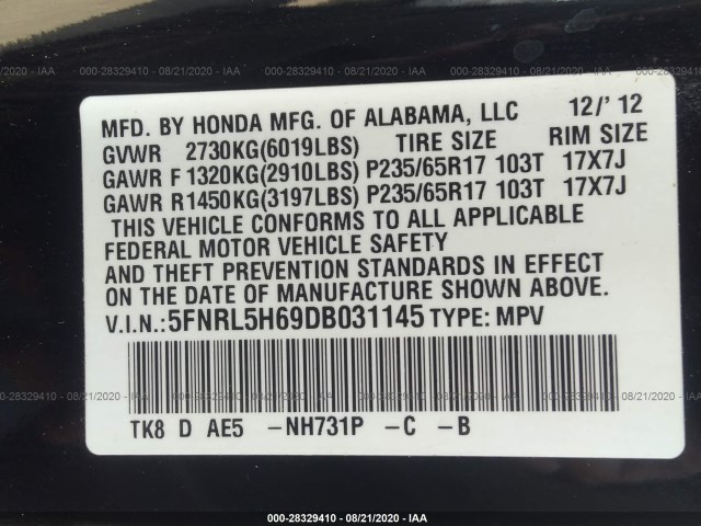 Photo 8 VIN: 5FNRL5H69DB031145 - HONDA ODYSSEY 