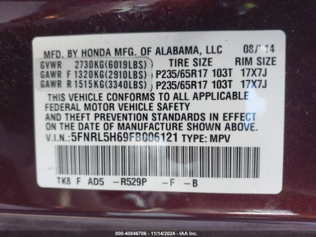 Photo 8 VIN: 5FNRL5H69FB006121 - HONDA ODYSSEY 