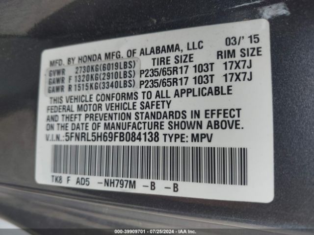 Photo 8 VIN: 5FNRL5H69FB084138 - HONDA ODYSSEY 