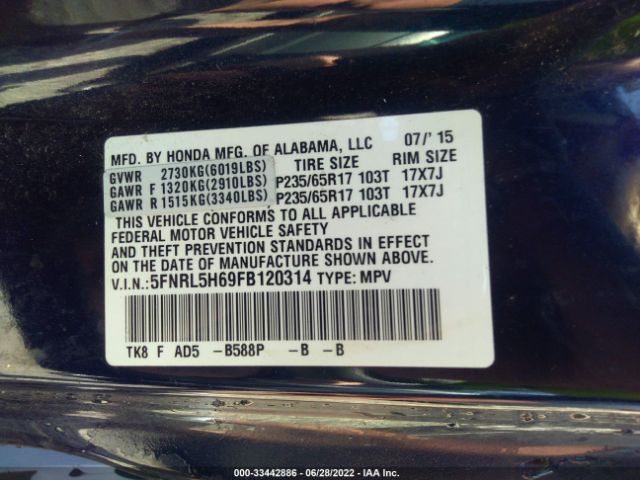 Photo 8 VIN: 5FNRL5H69FB120314 - HONDA ODYSSEY 