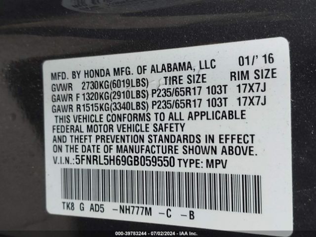 Photo 8 VIN: 5FNRL5H69GB059550 - HONDA ODYSSEY 