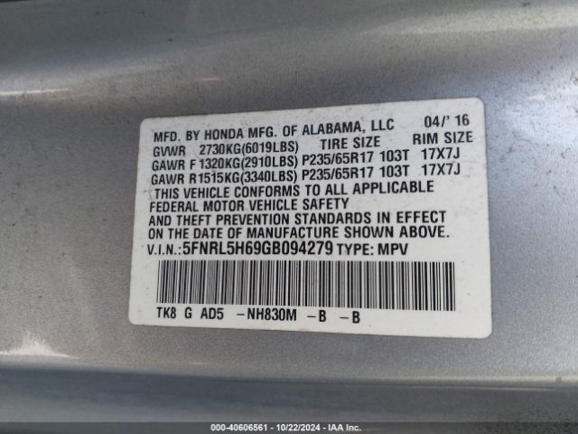 Photo 8 VIN: 5FNRL5H69GB094279 - HONDA ODYSSEY 