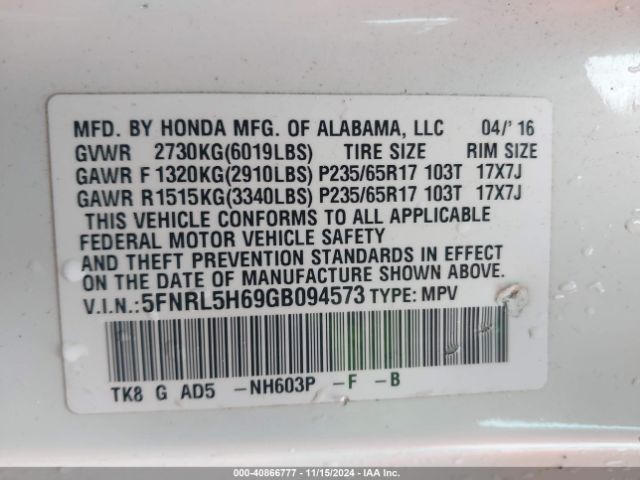 Photo 8 VIN: 5FNRL5H69GB094573 - HONDA ODYSSEY 