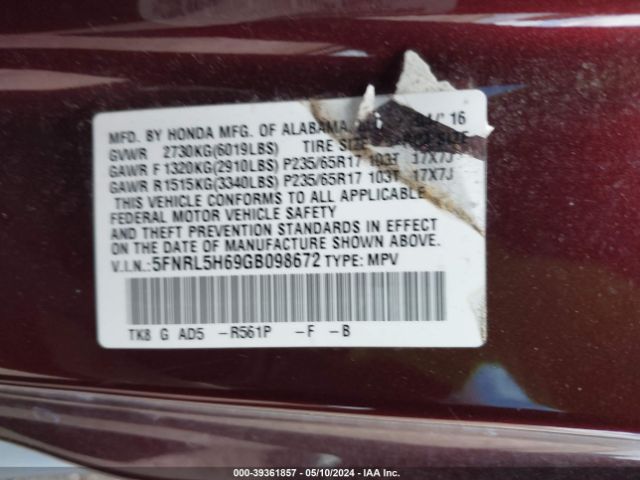 Photo 8 VIN: 5FNRL5H69GB098672 - HONDA ODYSSEY 