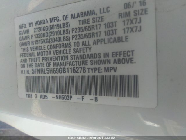 Photo 8 VIN: 5FNRL5H69GB116278 - HONDA ODYSSEY 