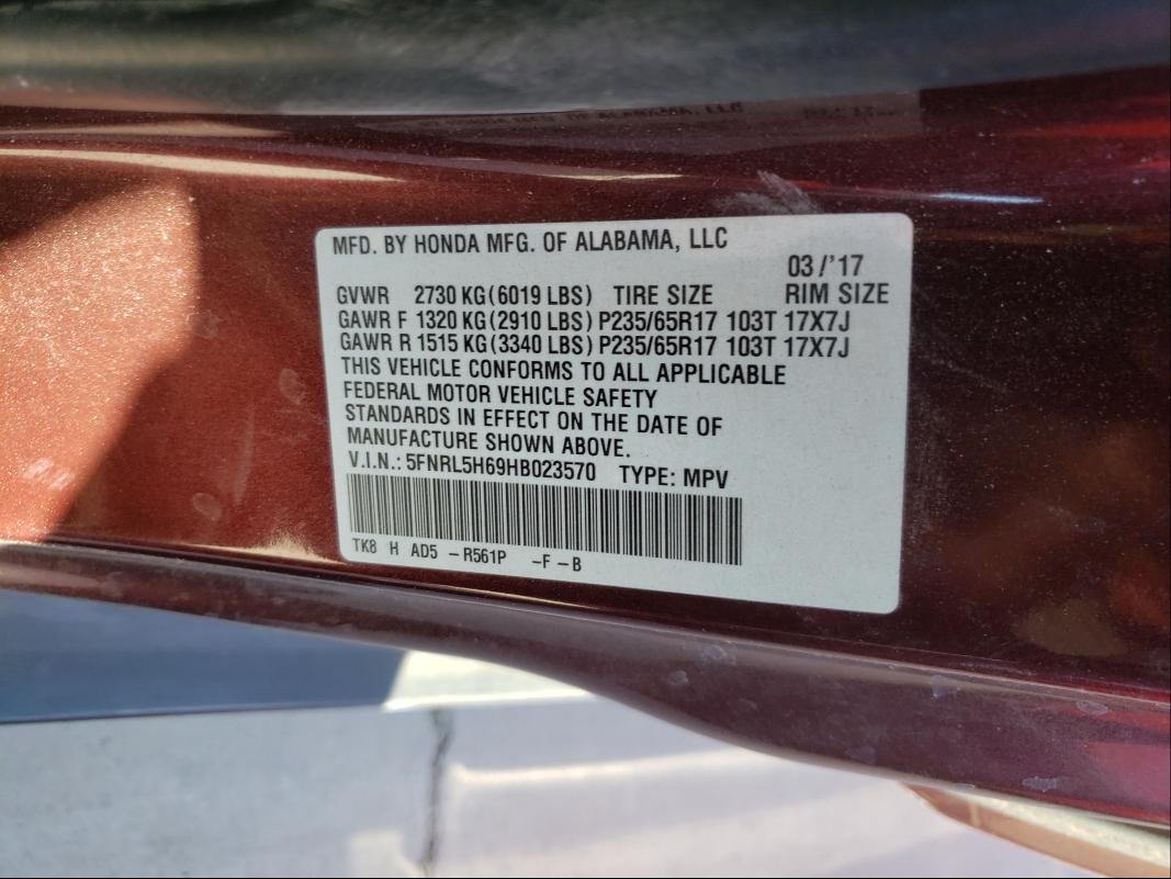 Photo 9 VIN: 5FNRL5H69HB023570 - HONDA ODYSSEY EX 