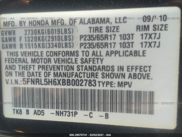 Photo 8 VIN: 5FNRL5H6XBB002783 - HONDA ODYSSEY 