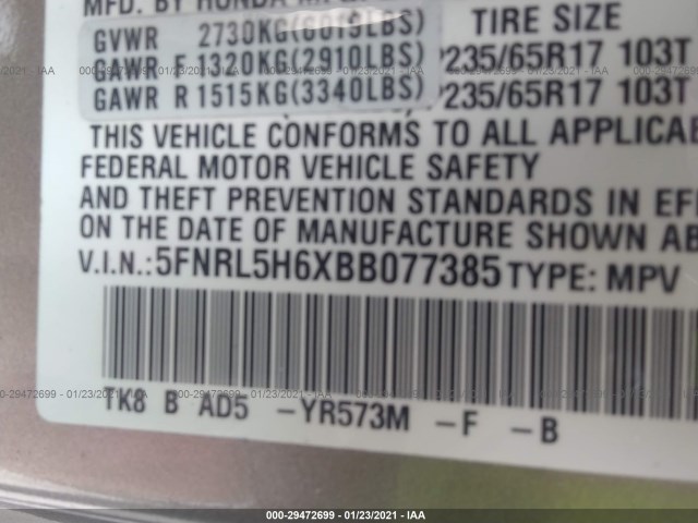 Photo 8 VIN: 5FNRL5H6XBB077385 - HONDA ODYSSEY 