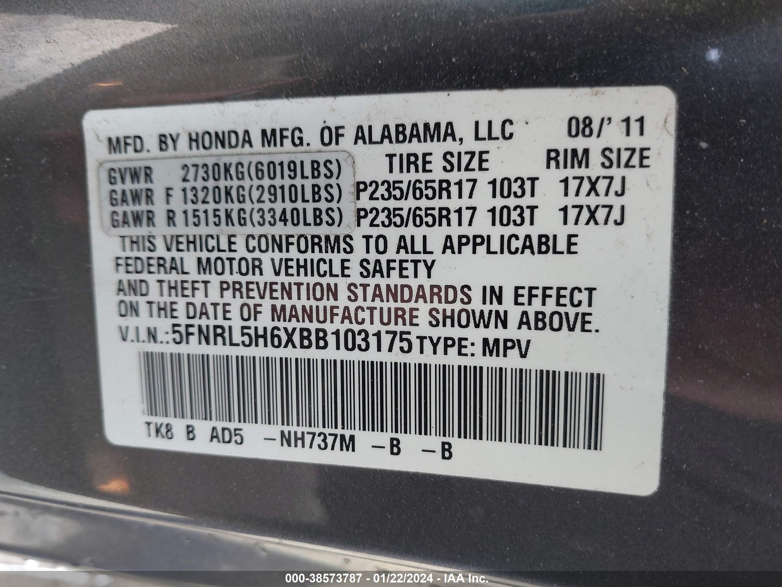 Photo 8 VIN: 5FNRL5H6XBB103175 - HONDA ODYSSEY 