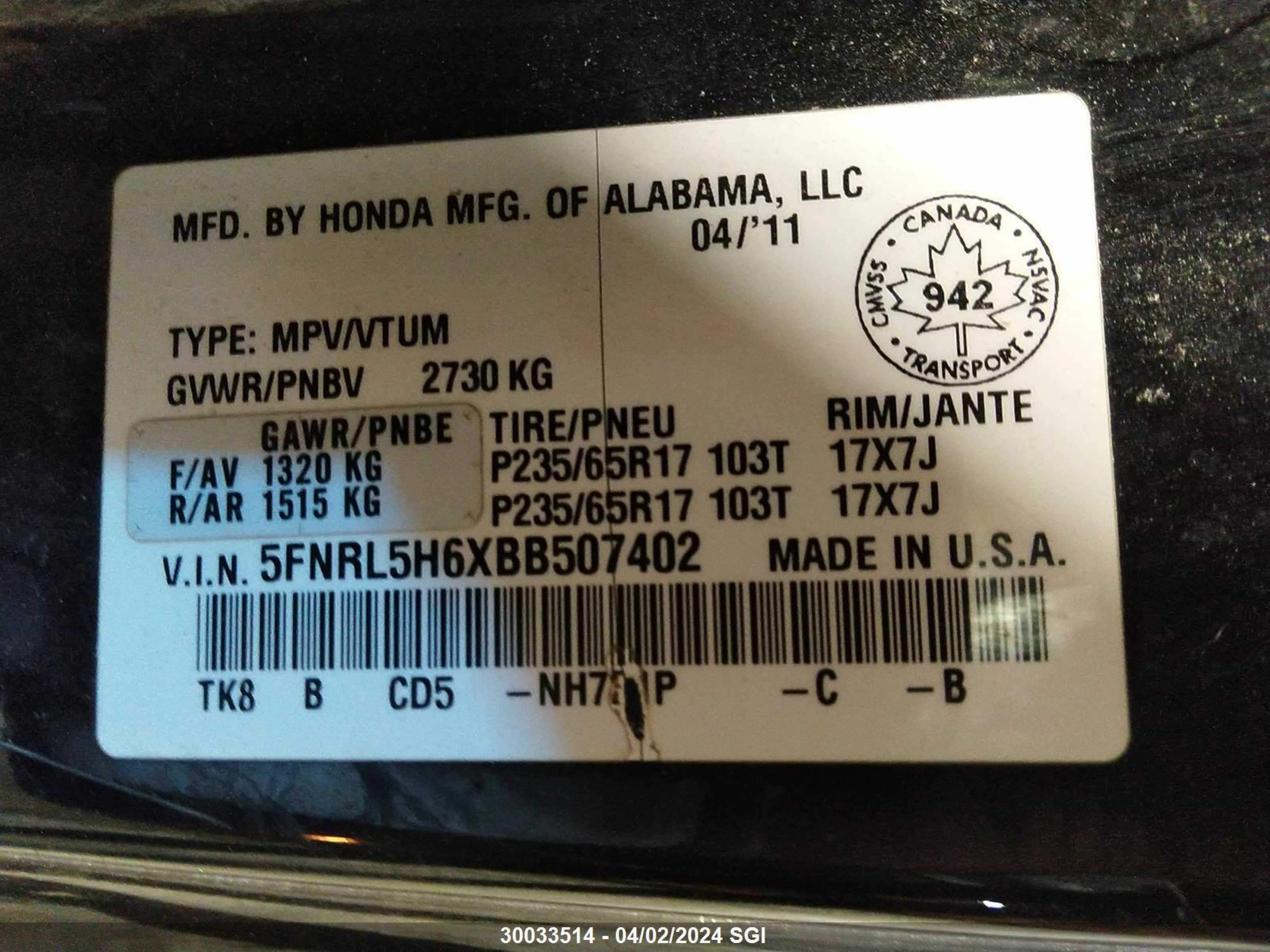 Photo 8 VIN: 5FNRL5H6XBB507402 - HONDA ODYSSEY 