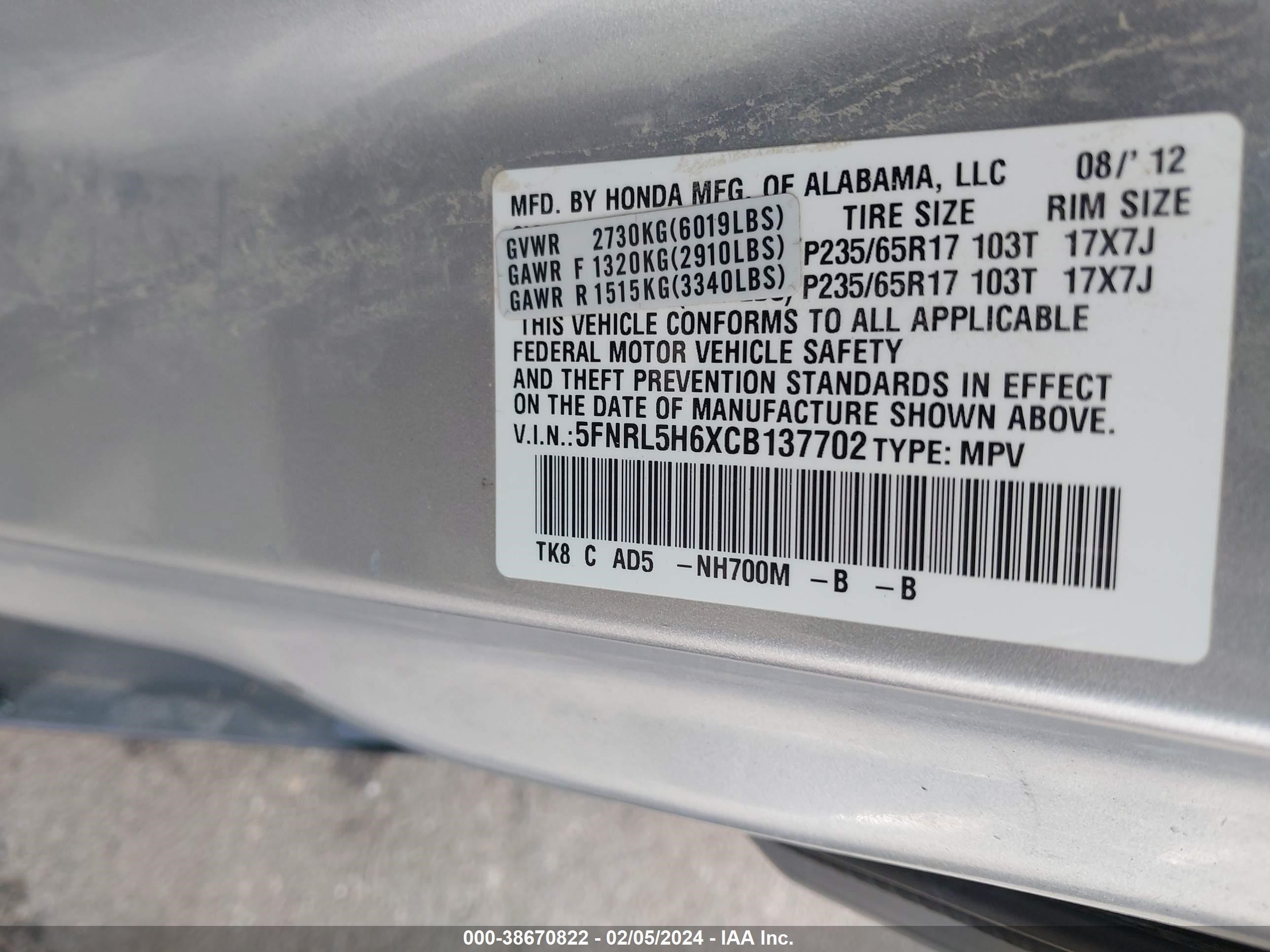 Photo 8 VIN: 5FNRL5H6XCB137702 - HONDA ODYSSEY 