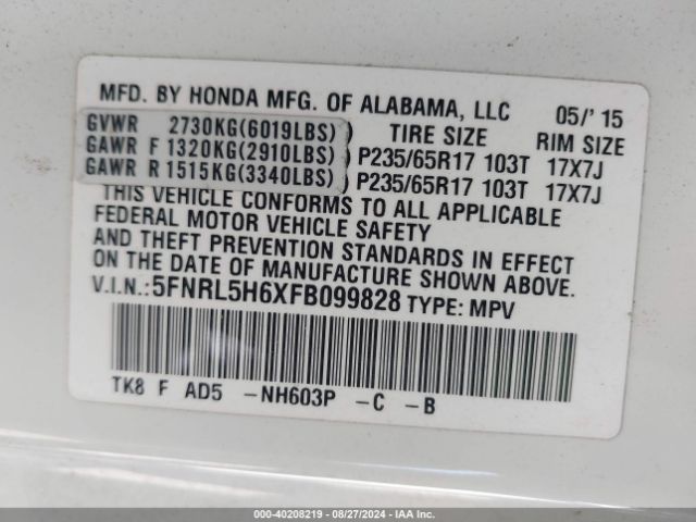 Photo 8 VIN: 5FNRL5H6XFB099828 - HONDA ODYSSEY 