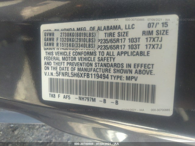 Photo 8 VIN: 5FNRL5H6XFB119494 - HONDA ODYSSEY 