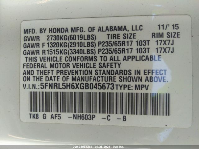 Photo 8 VIN: 5FNRL5H6XGB045673 - HONDA ODYSSEY 