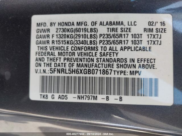 Photo 8 VIN: 5FNRL5H6XGB071867 - HONDA ODYSSEY 