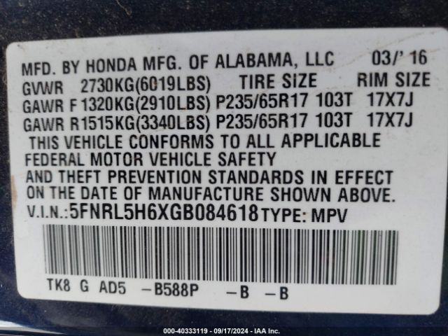 Photo 8 VIN: 5FNRL5H6XGB084618 - HONDA ODYSSEY 