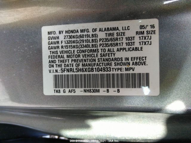 Photo 8 VIN: 5FNRL5H6XGB104933 - HONDA ODYSSEY 