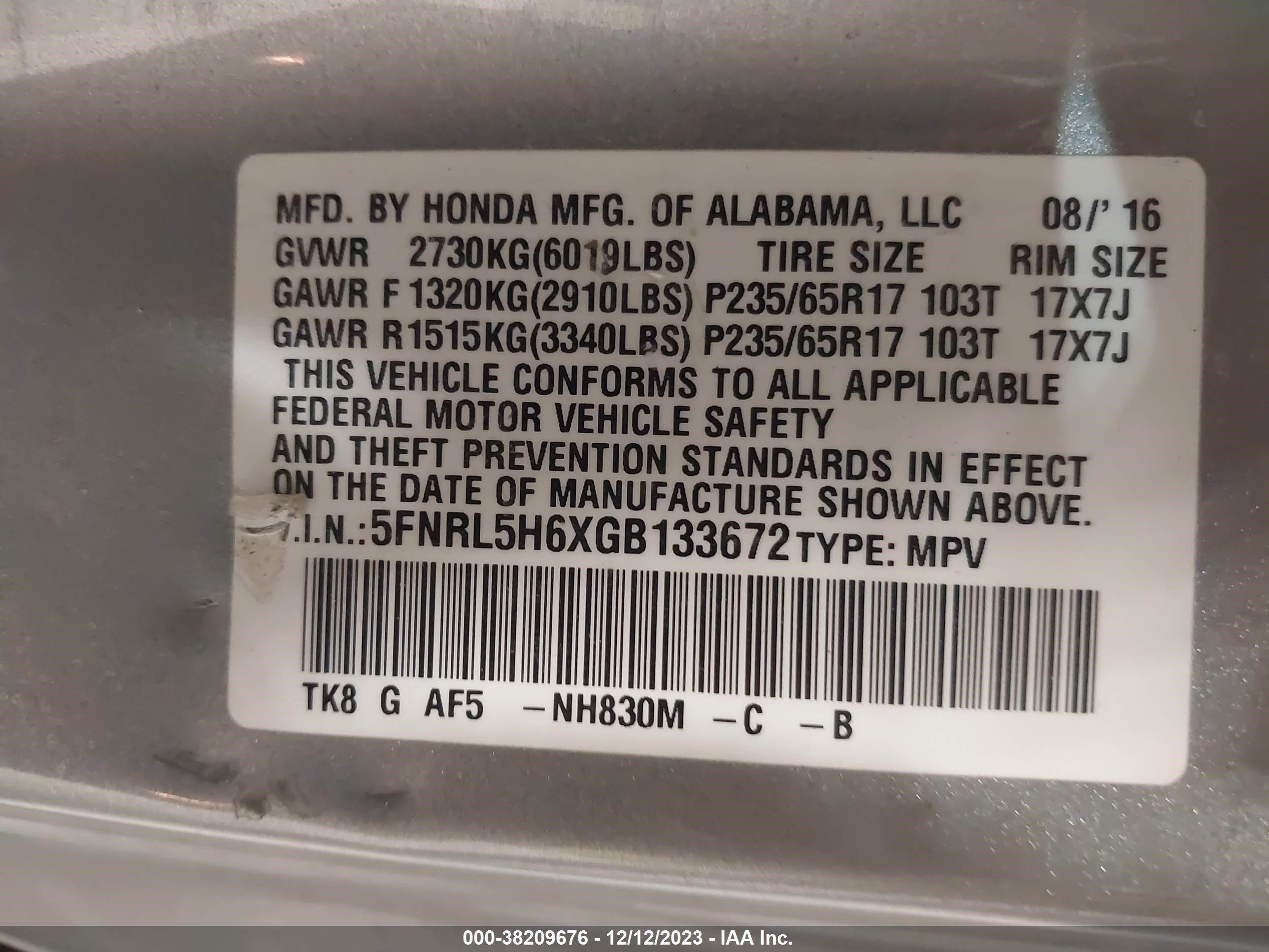 Photo 8 VIN: 5FNRL5H6XGB133672 - HONDA ODYSSEY 