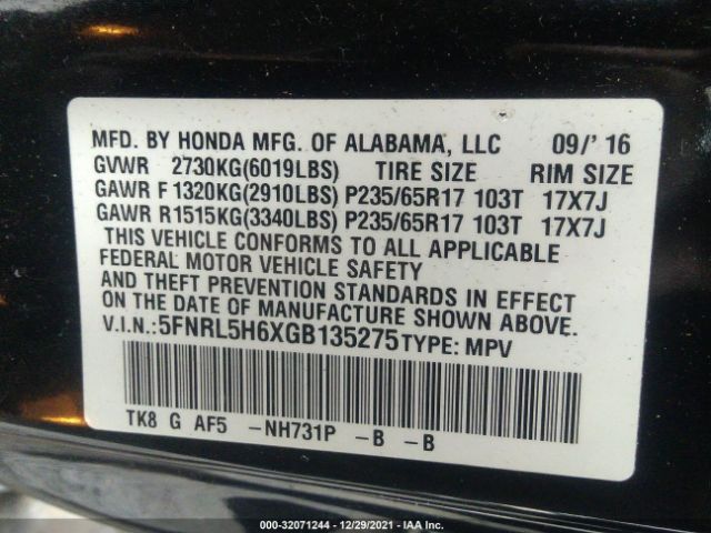 Photo 8 VIN: 5FNRL5H6XGB135275 - HONDA ODYSSEY 