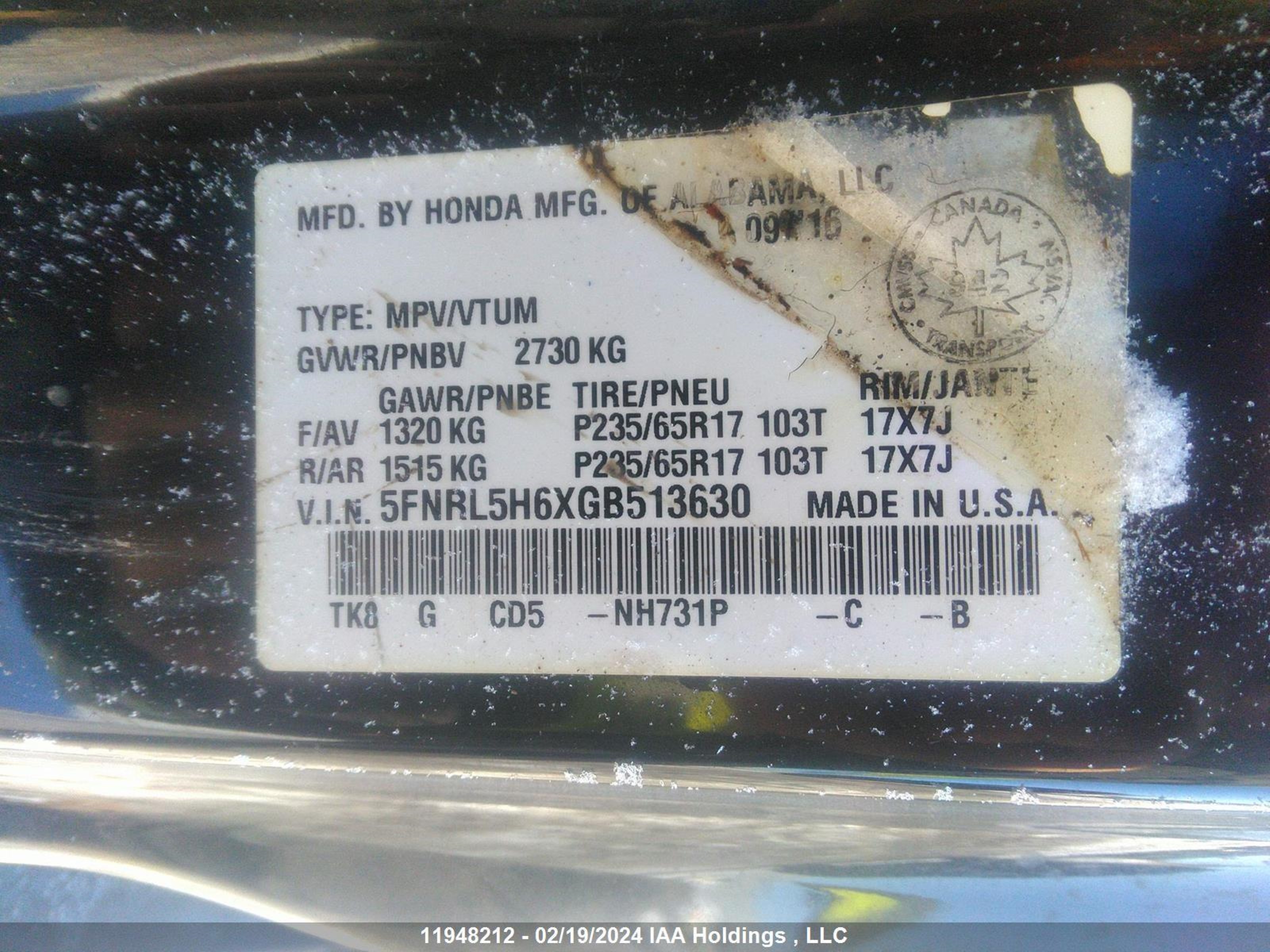 Photo 8 VIN: 5FNRL5H6XGB513630 - HONDA ODYSSEY 