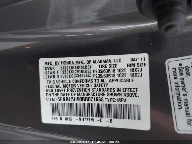 Photo 8 VIN: 5FNRL5H90BB071668 - HONDA ODYSSEY 