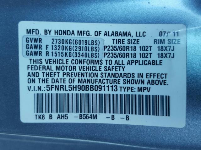 Photo 9 VIN: 5FNRL5H90BB091113 - HONDA ODYSSEY TO 