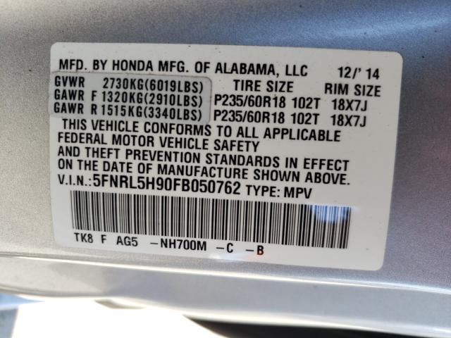 Photo 9 VIN: 5FNRL5H90FB050762 - HONDA ODYSSEY TO 