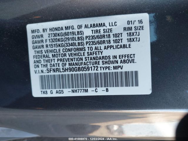 Photo 8 VIN: 5FNRL5H90GB059172 - HONDA ODYSSEY 