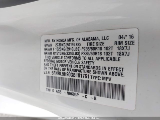 Photo 8 VIN: 5FNRL5H90GB101761 - HONDA ODYSSEY 