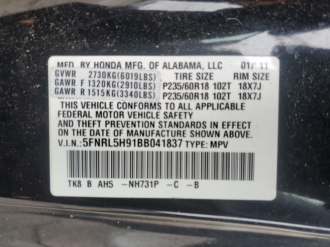 Photo 12 VIN: 5FNRL5H91BB041837 - HONDA ODYSSEY 