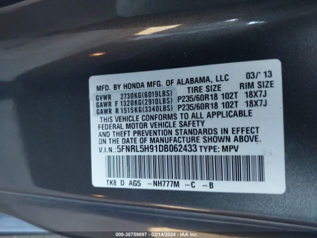 Photo 8 VIN: 5FNRL5H91DB062433 - HONDA ODYSSEY 