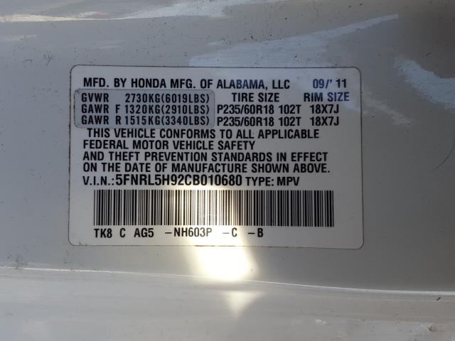 Photo 9 VIN: 5FNRL5H92CB010680 - HONDA ODYSSEY TO 