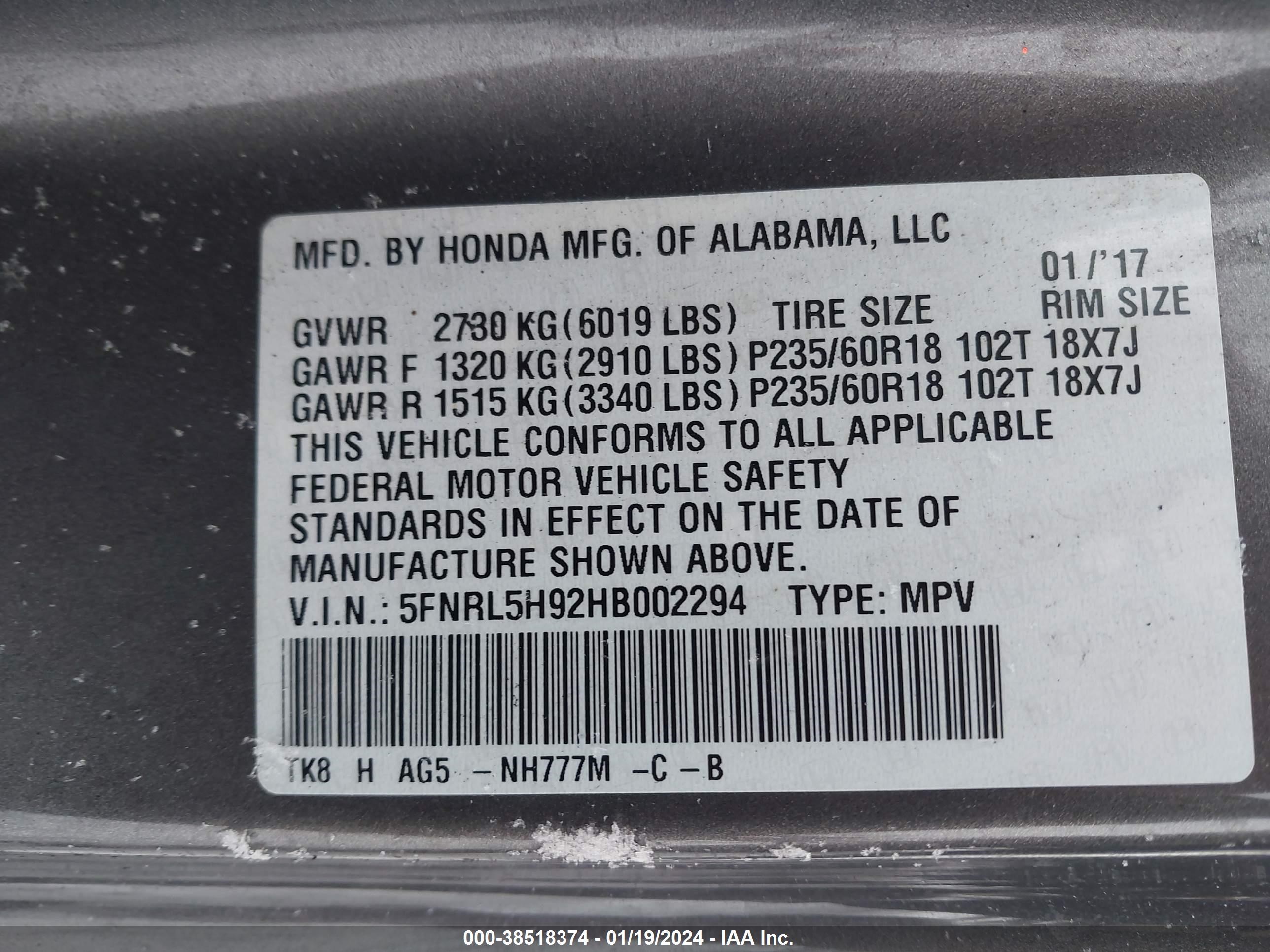 Photo 8 VIN: 5FNRL5H92HB002294 - HONDA ODYSSEY 