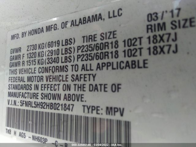 Photo 8 VIN: 5FNRL5H92HB021847 - HONDA ODYSSEY 