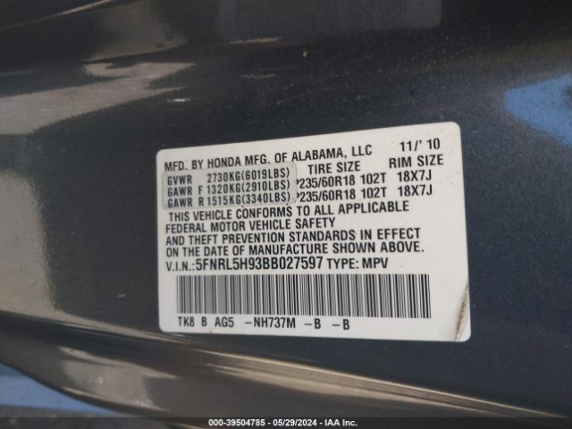 Photo 8 VIN: 5FNRL5H93BB027597 - HONDA ODYSSEY 