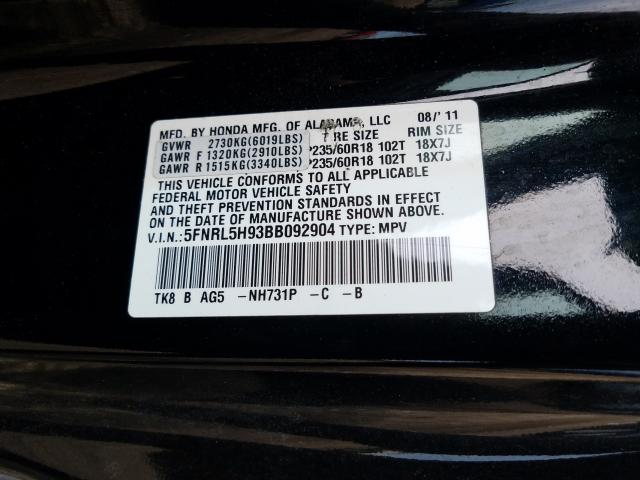 Photo 9 VIN: 5FNRL5H93BB092904 - HONDA ODYSSEY TO 