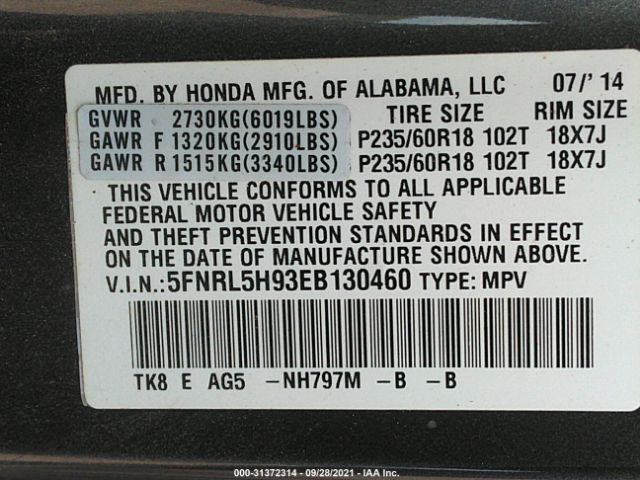 Photo 8 VIN: 5FNRL5H93EB130460 - HONDA ODYSSEY 