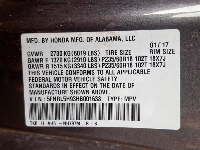 Photo 9 VIN: 5FNRL5H93HB001638 - HONDA ODYSSEY TO 