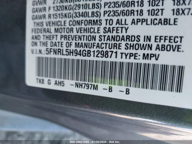 Photo 8 VIN: 5FNRL5H94GB129871 - HONDA ODYSSEY 