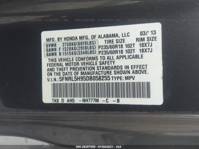 Photo 8 VIN: 5FNRL5H95DB058255 - HONDA ODYSSEY 