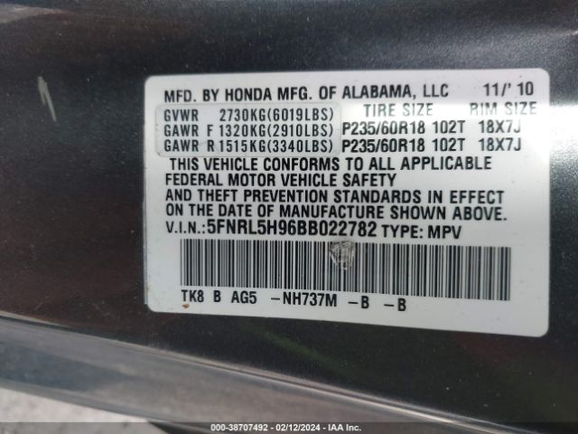 Photo 8 VIN: 5FNRL5H96BB022782 - HONDA ODYSSEY 