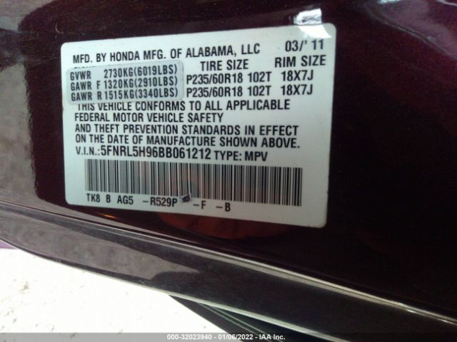 Photo 8 VIN: 5FNRL5H96BB061212 - HONDA ODYSSEY 