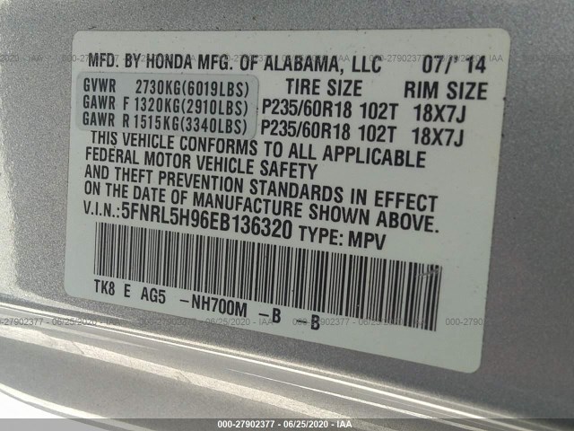 Photo 8 VIN: 5FNRL5H96EB136320 - HONDA ODYSSEY 