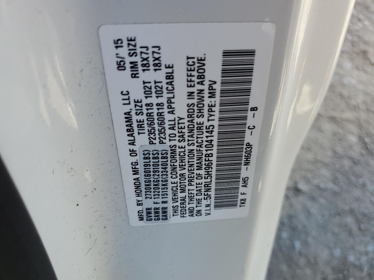 Photo 12 VIN: 5FNRL5H96FB104145 - HONDA ODYSSEY 