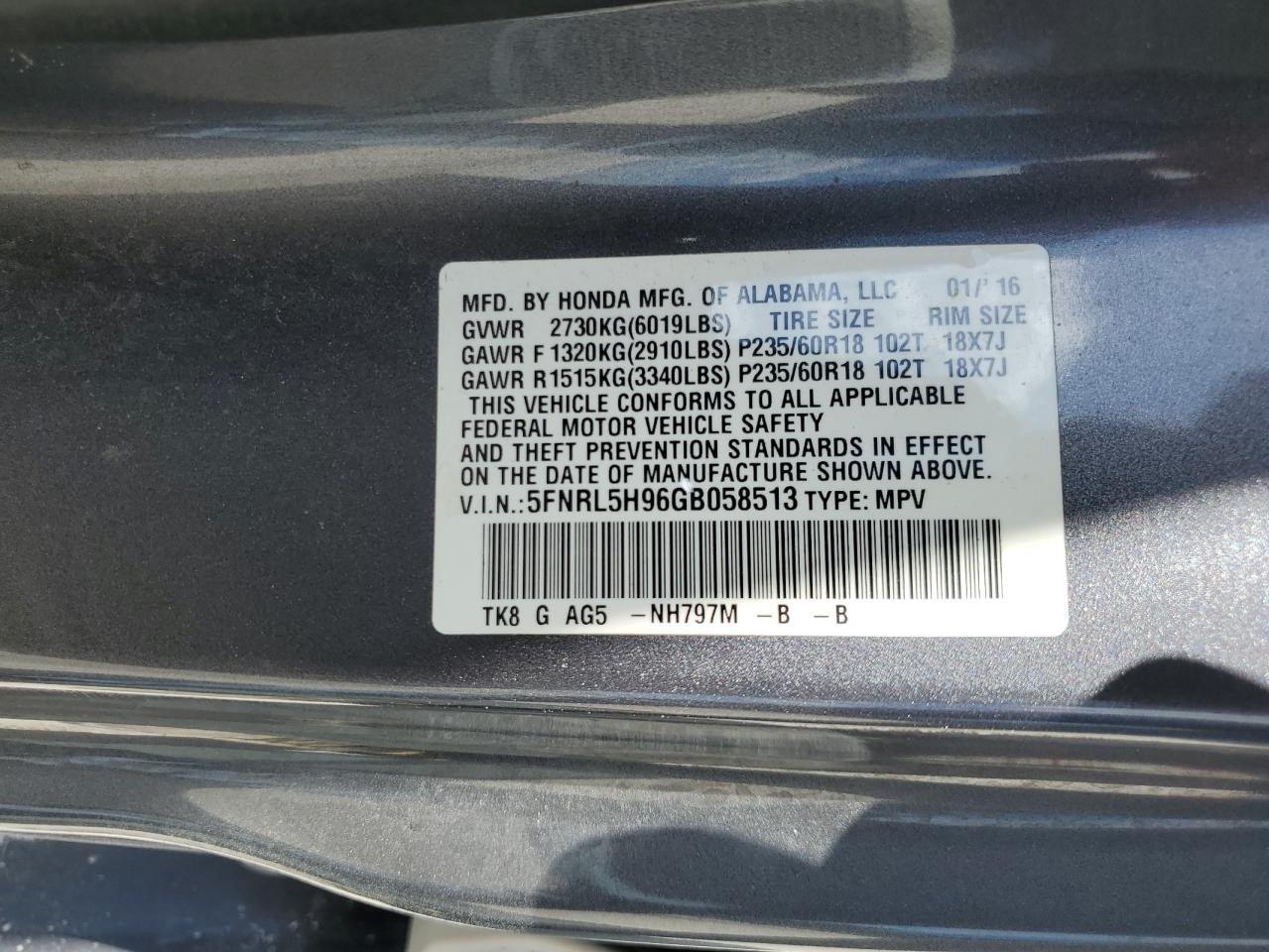 Photo 12 VIN: 5FNRL5H96GB058513 - HONDA ODYSSEY 