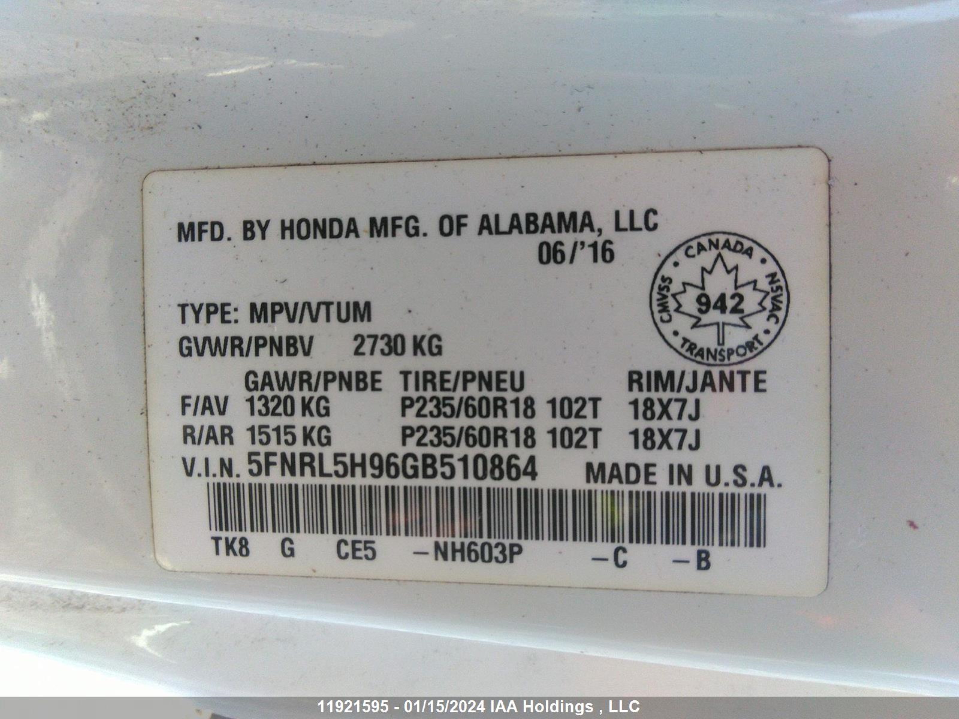 Photo 8 VIN: 5FNRL5H96GB510864 - HONDA ODYSSEY 