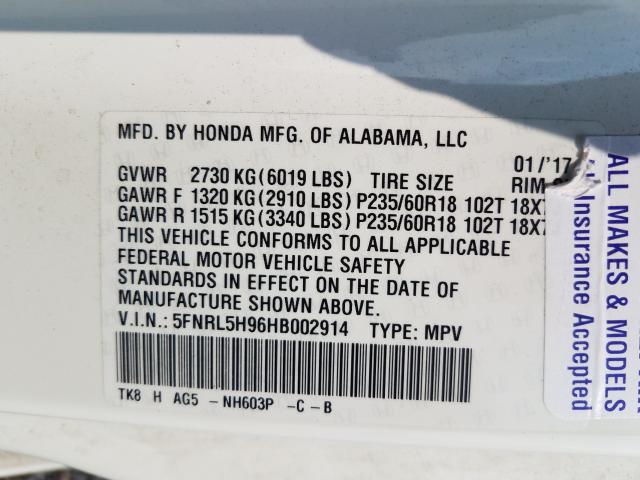 Photo 9 VIN: 5FNRL5H96HB002914 - HONDA ODYSSEY TO 