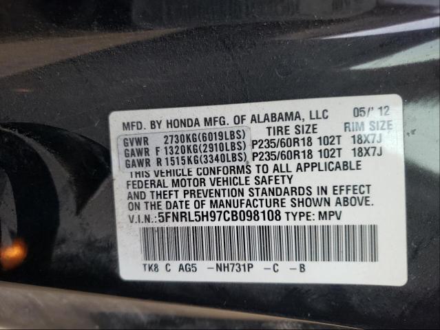 Photo 9 VIN: 5FNRL5H97CB098108 - HONDA ODYSSEY TO 